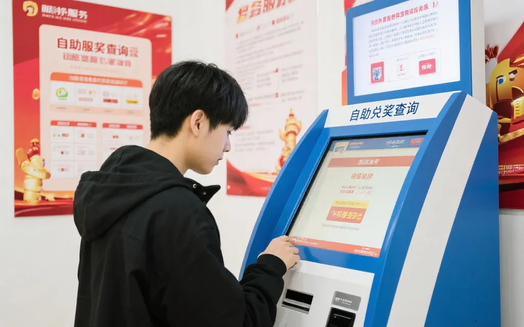 自助兑奖查询机，市民正在操作获取兑奖流程信息